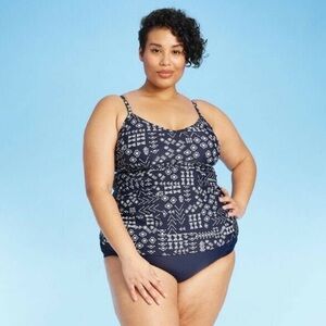 Kona Sol Blouson Tankini Top Navy Shirred Side Swim Beach New Size 20W